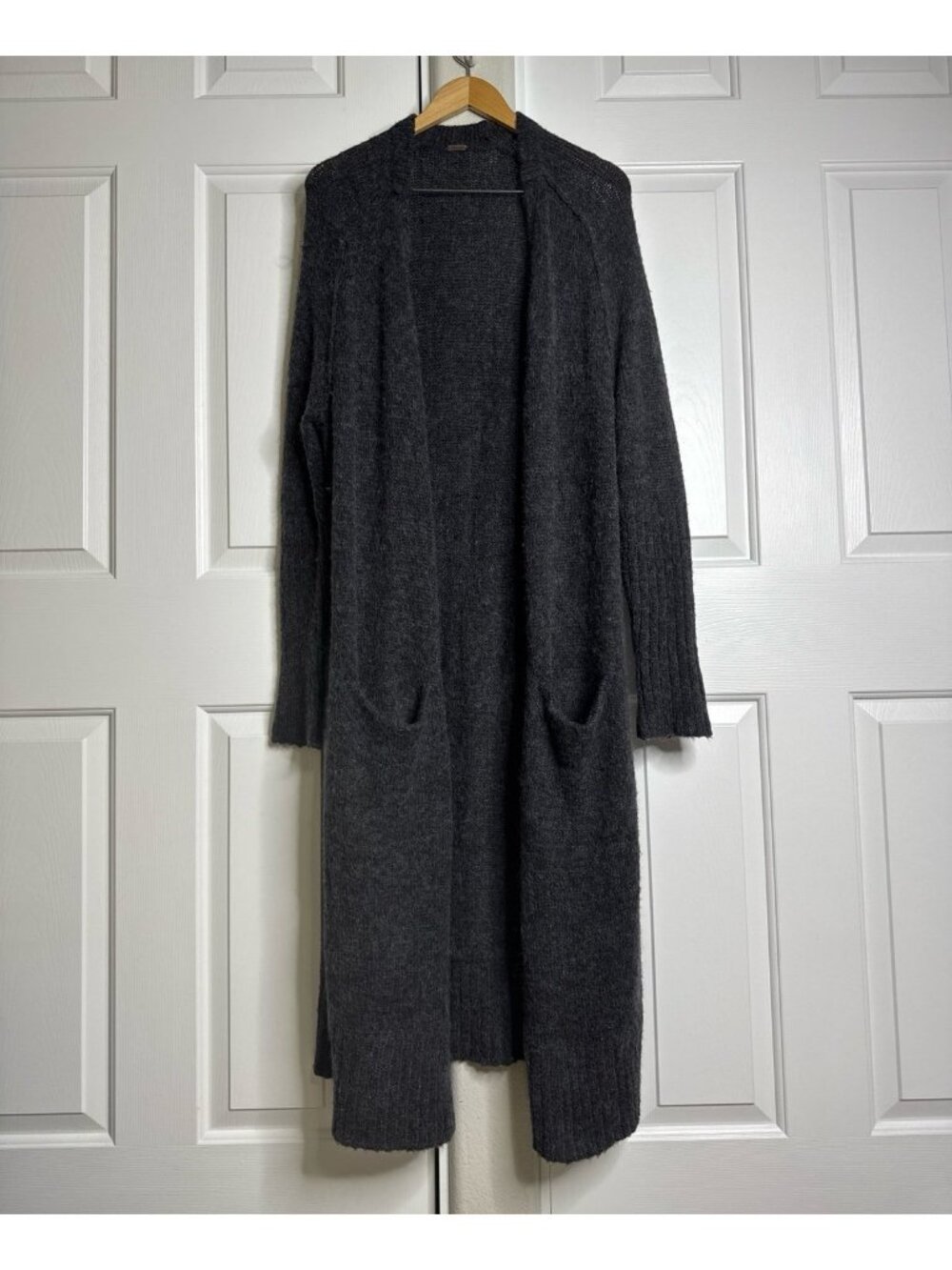 Free People Santa Cruz Long Cardigan Dark Charcoal Grey Wool Open Sweater S